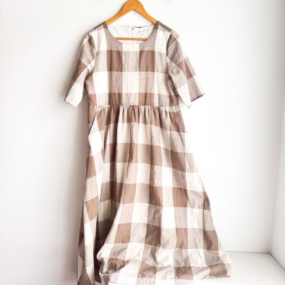 Roolee Buffalo Plaid Beige White Cottage core Dress M - Picture 2 of 8